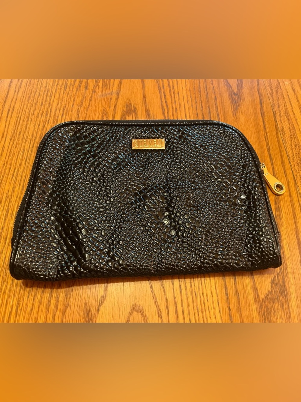 Steve Madden Black Textured Cosmetic Pouch with Gold Accent